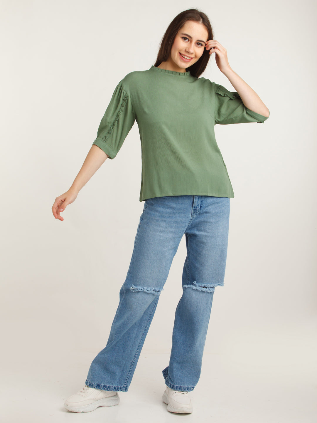 Green Solid Puff Sleeve Top