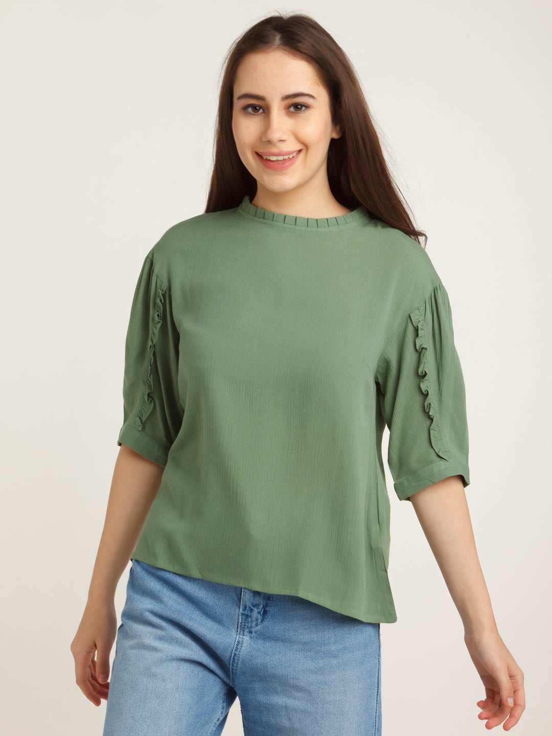 Green Solid Puff Sleeve Top