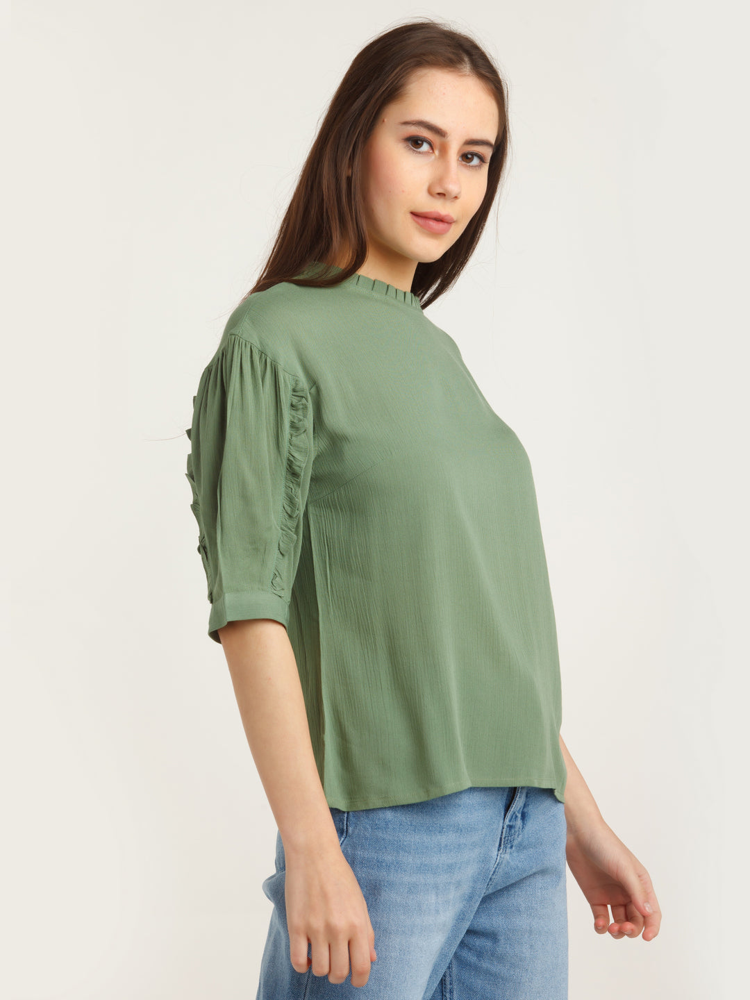 Green Solid Puff Sleeve Top