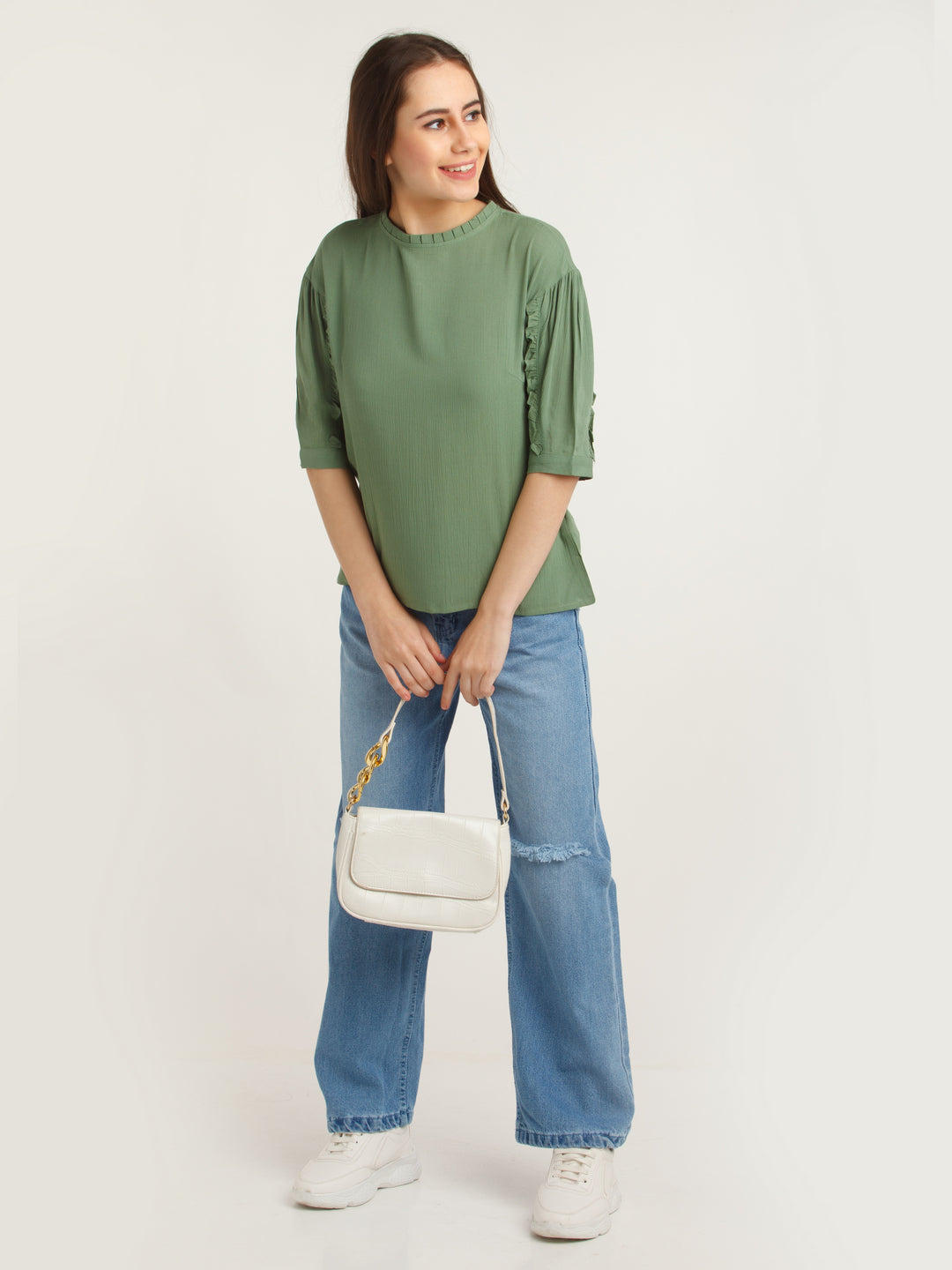 Green Solid Puff Sleeve Top