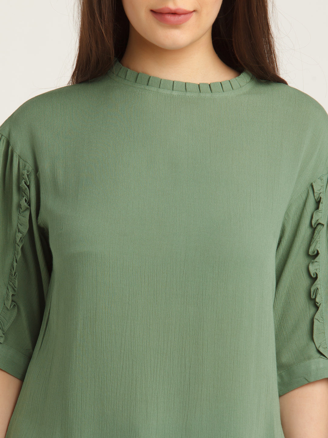 Green Solid Puff Sleeve Top