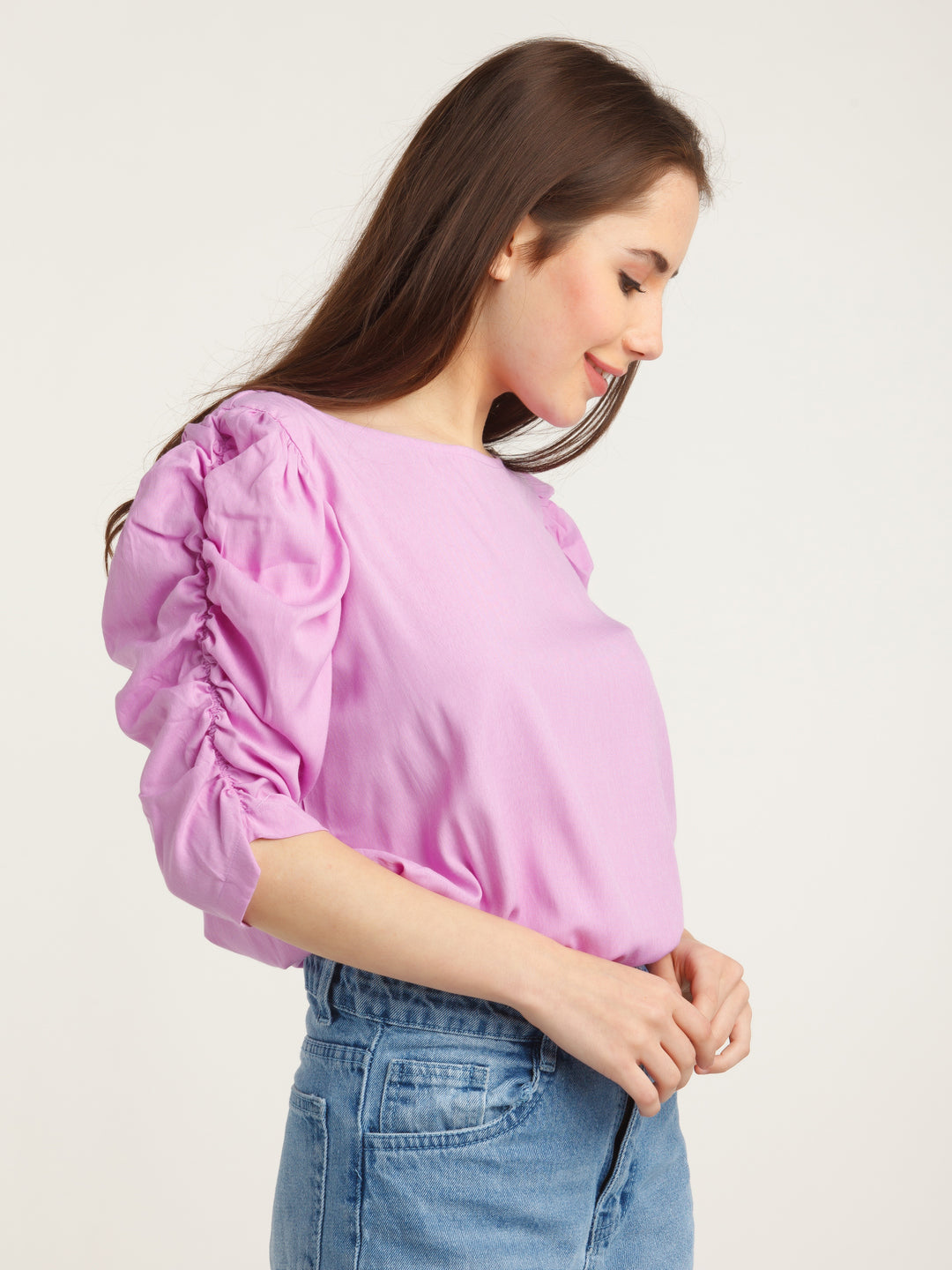 Purple Solid Puff Sleeve Top