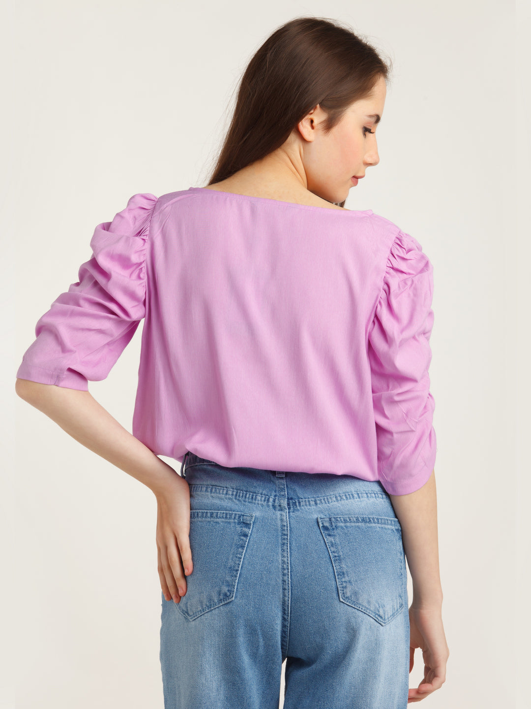 Purple Solid Puff Sleeve Top