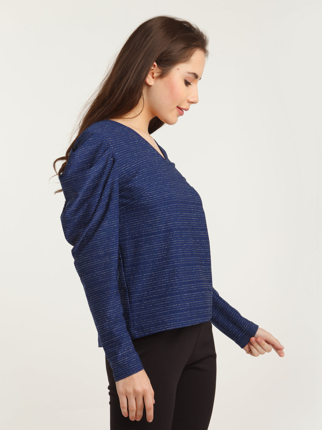 Navy Blue Embellished Puff Sleeve Top