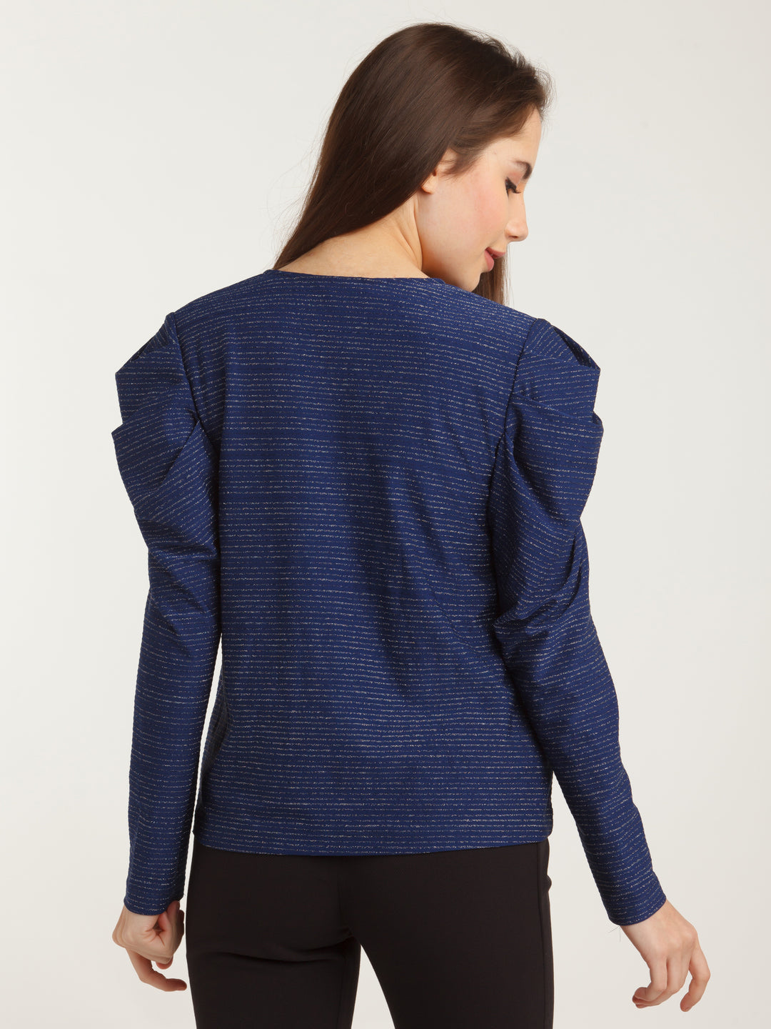 Navy Blue Embellished Puff Sleeve Top