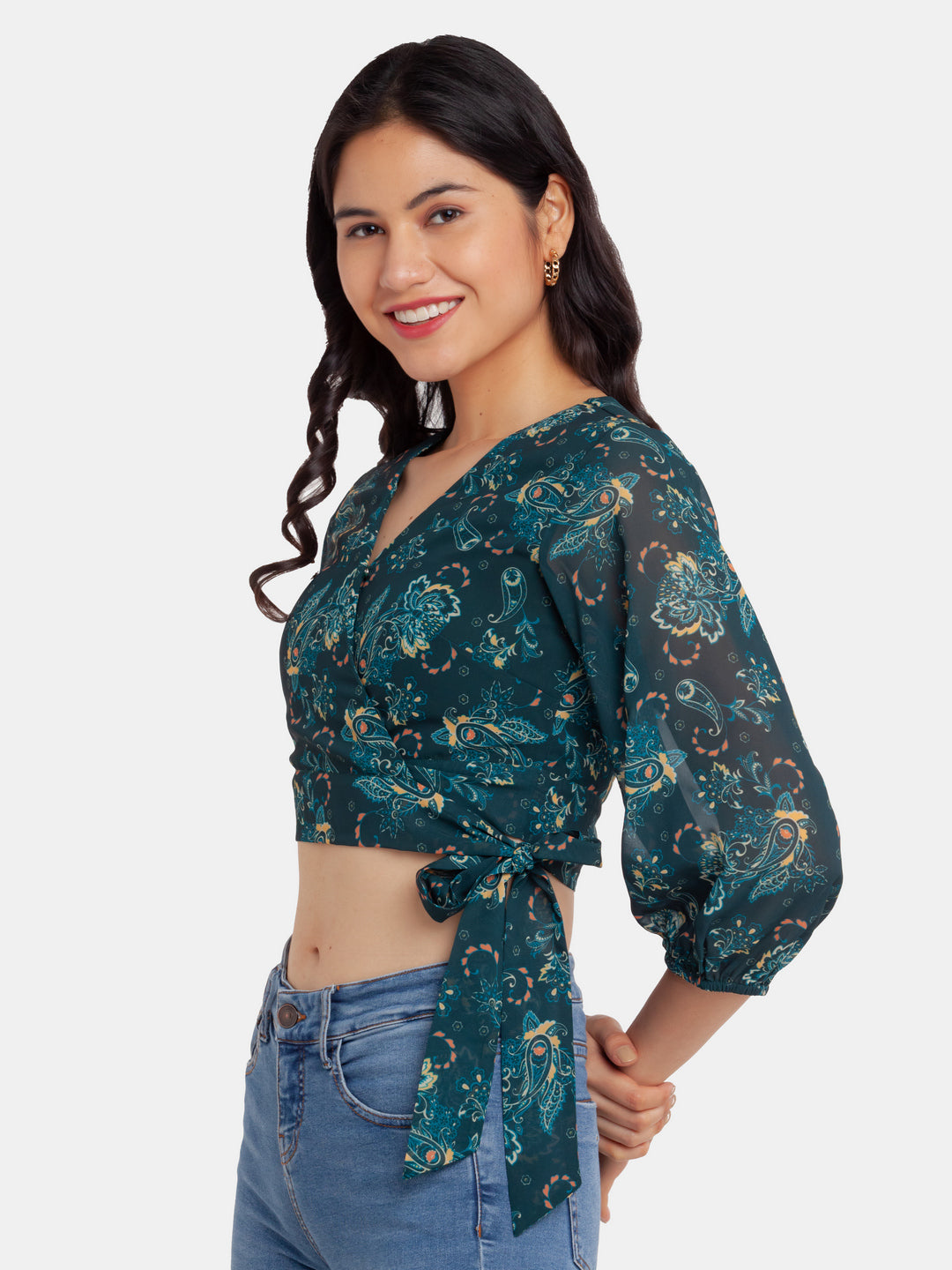 Green Printed Wrap Top