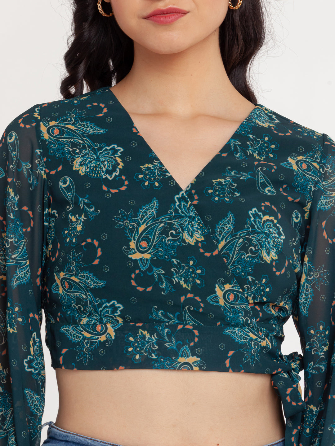 Green Printed Wrap Top