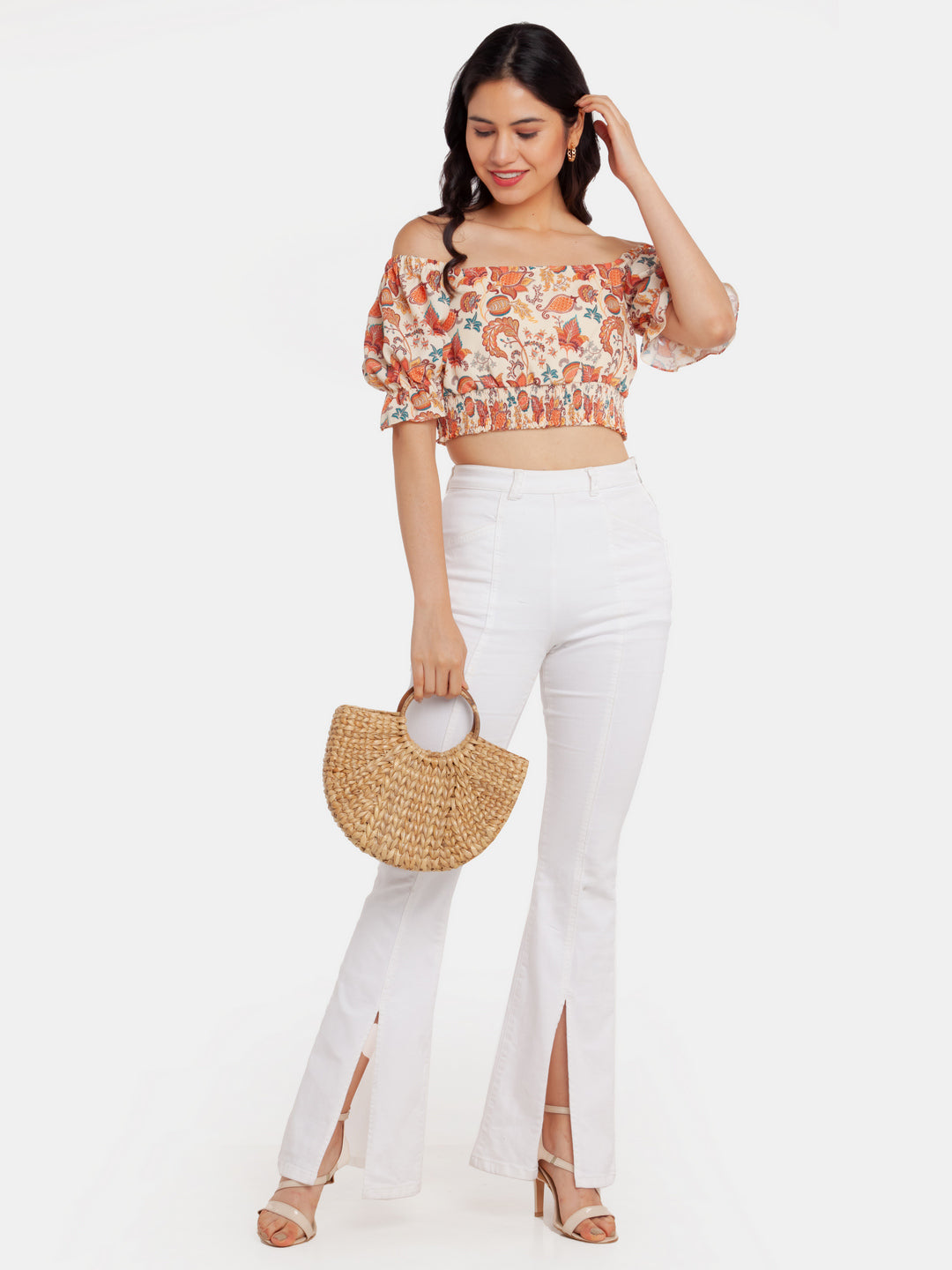 Beige Printed Crop Top