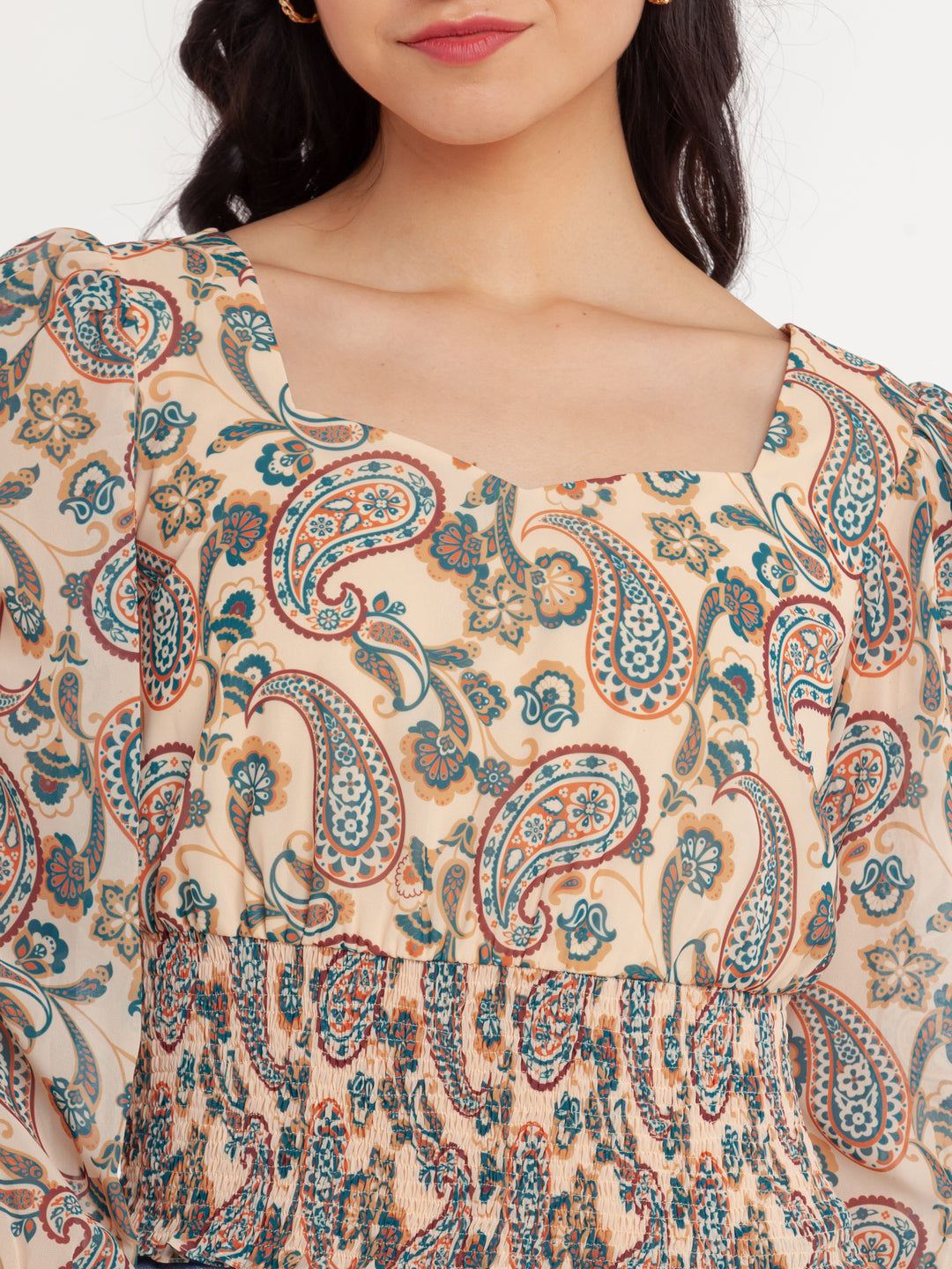 Beige Printed Smocking Top