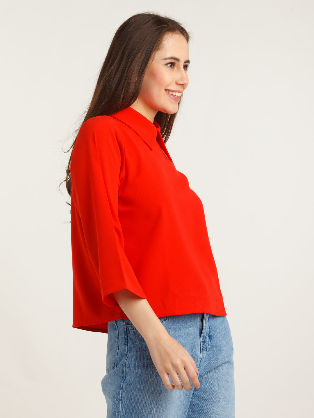 Red Solid Flared Sleeve Top