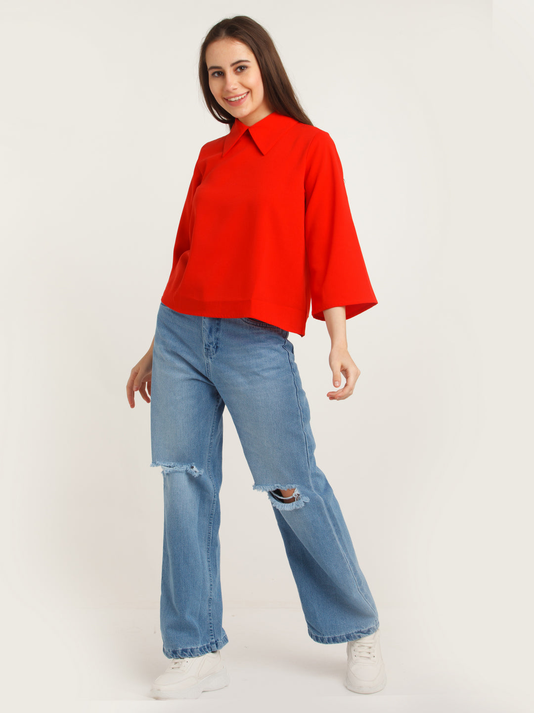 Red Solid Flared Sleeve Top