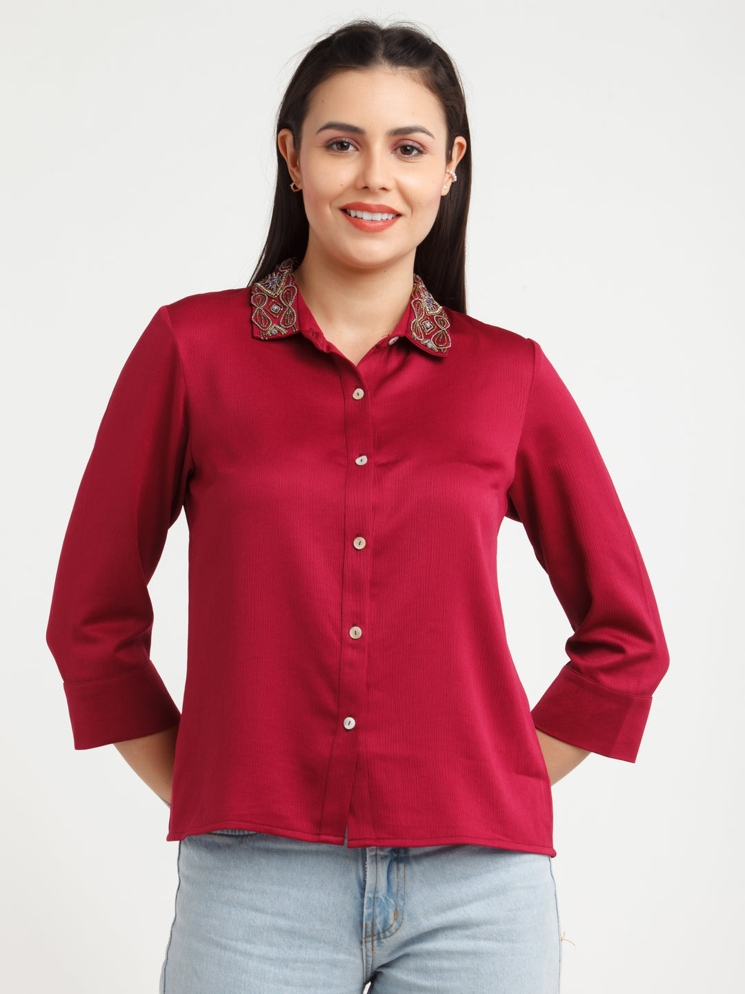 Maroon Embellished Shirt Top