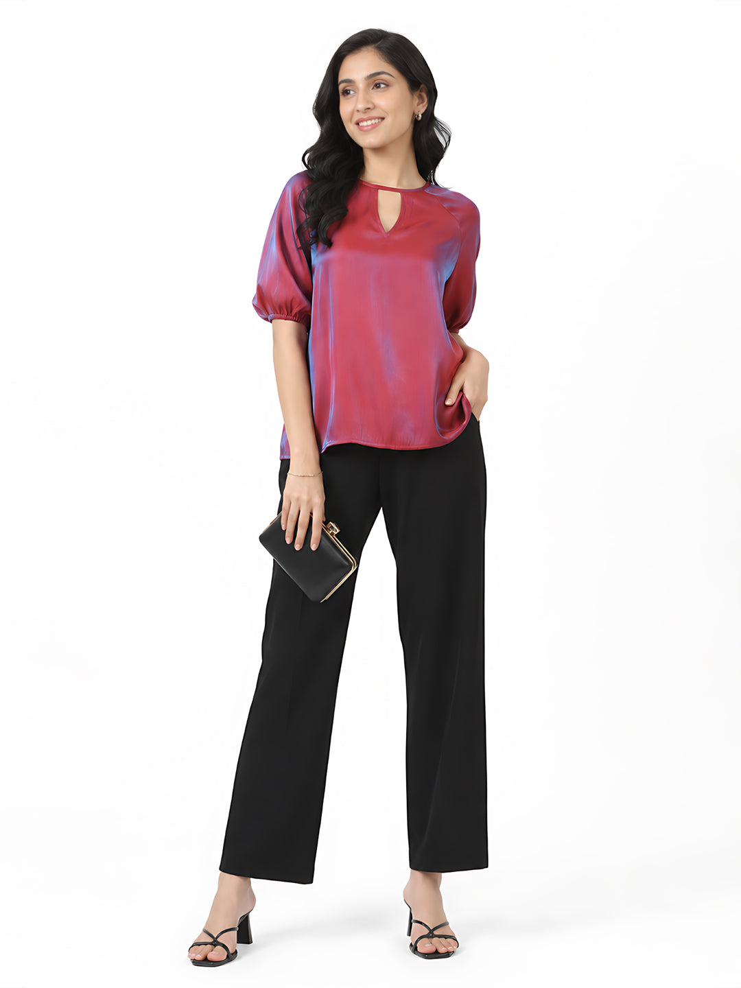 Red Solid Puff Sleeve Top