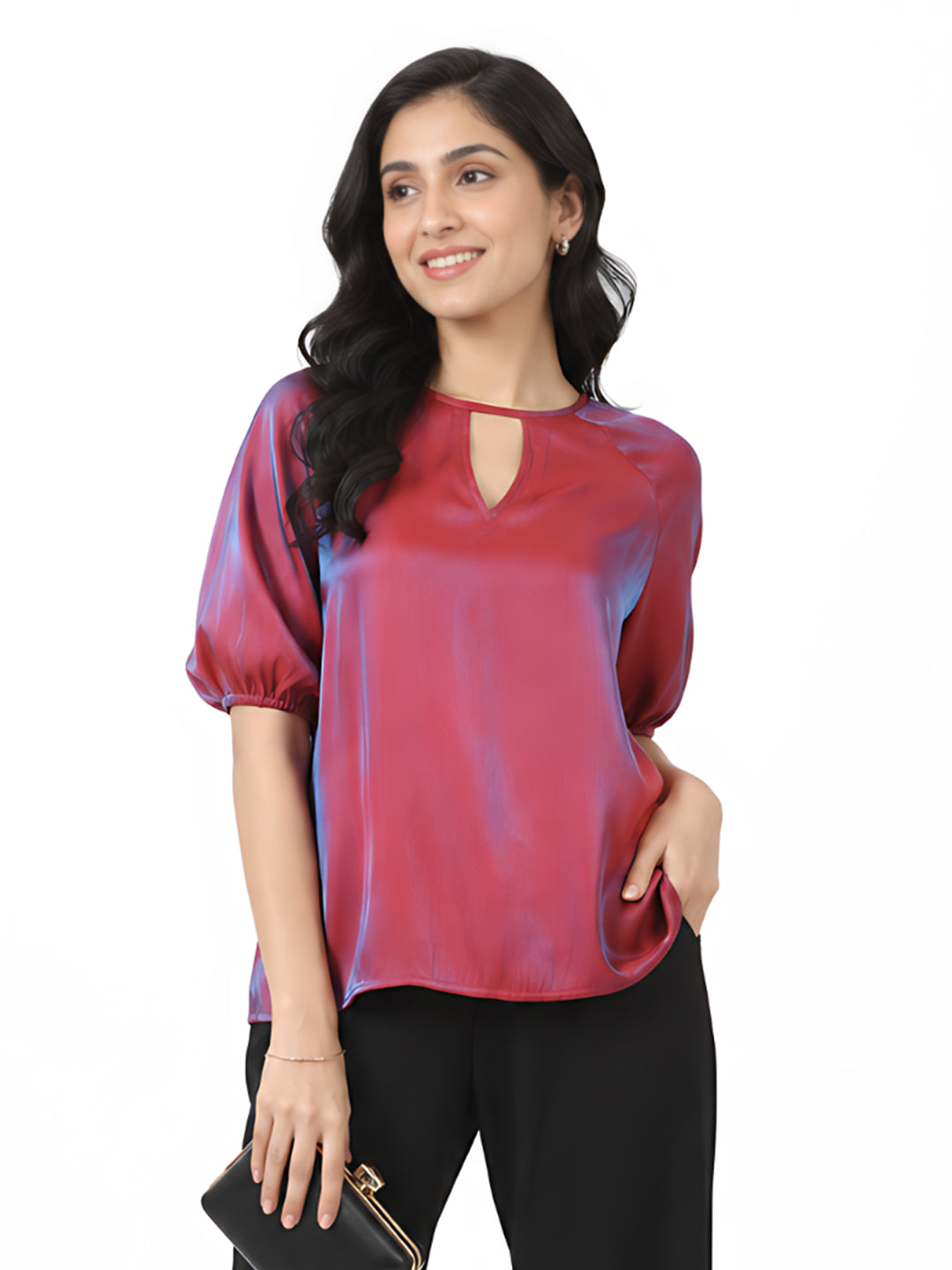 Red Solid Puff Sleeve Top