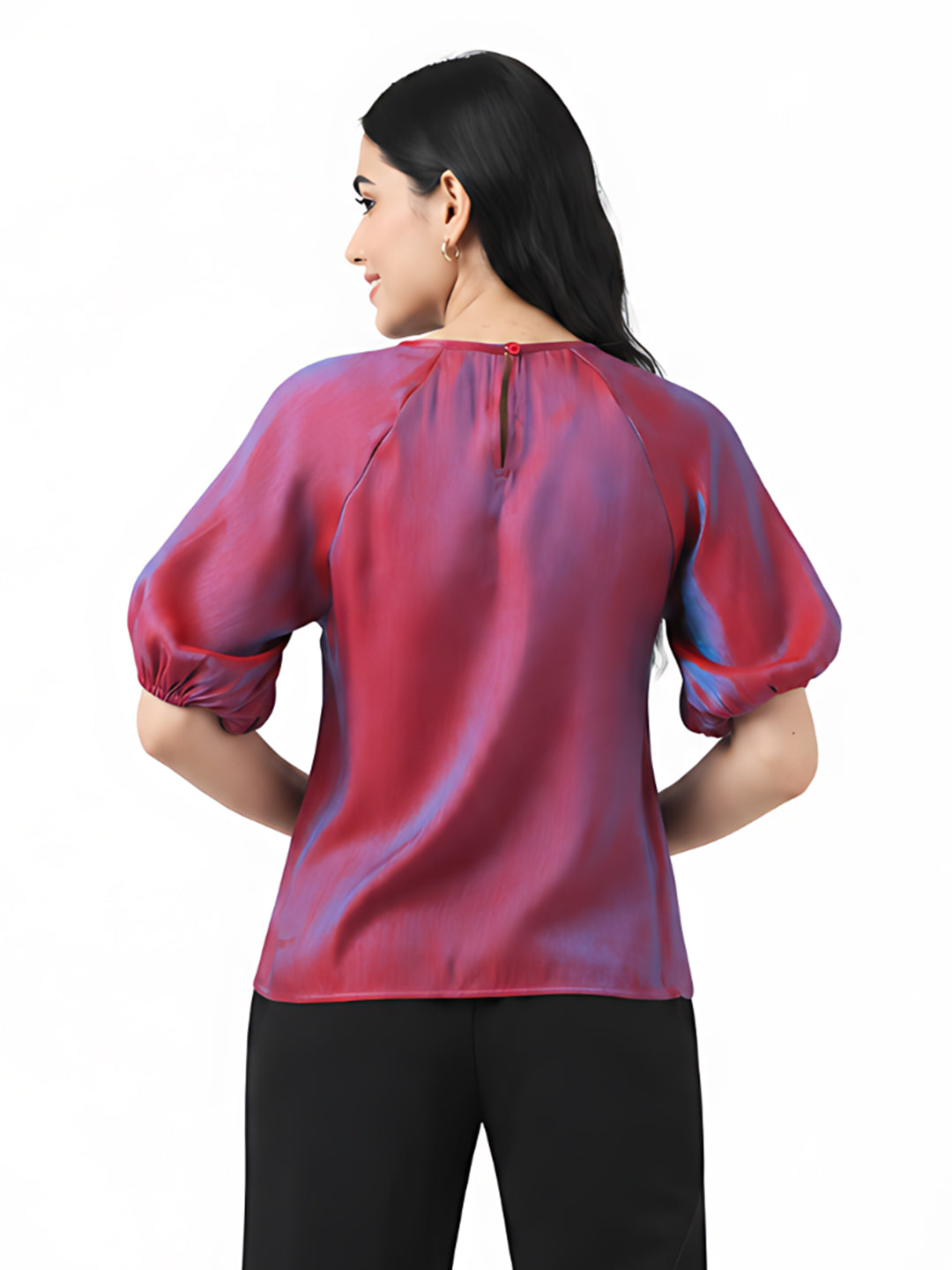 Red Solid Puff Sleeve Top