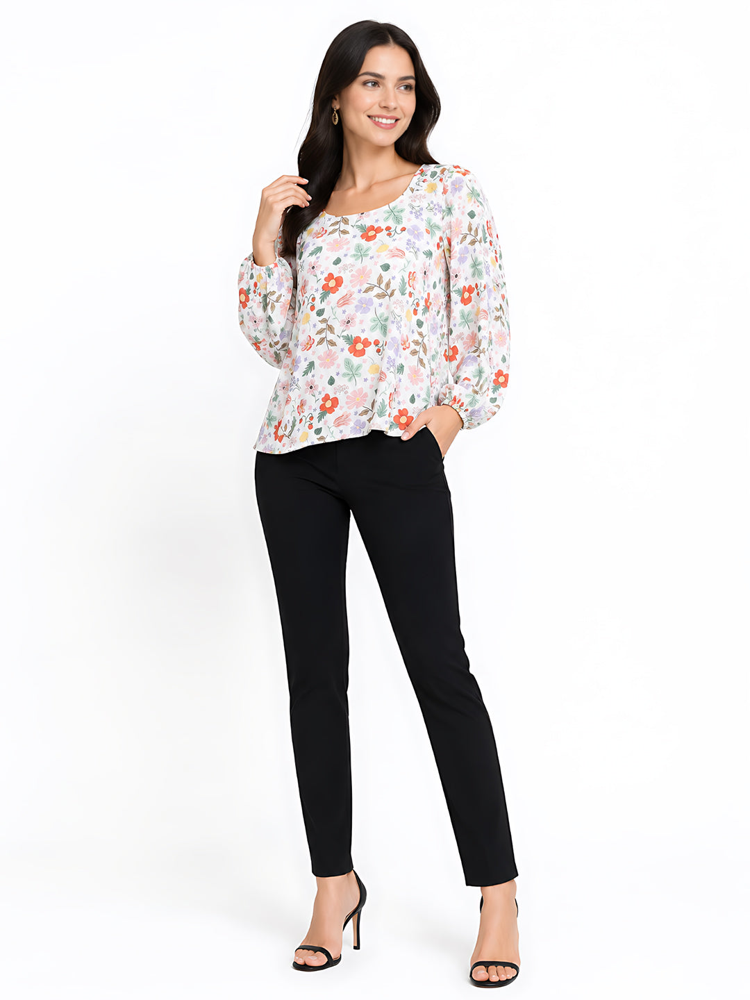 White Printed Puff Sleeve Top