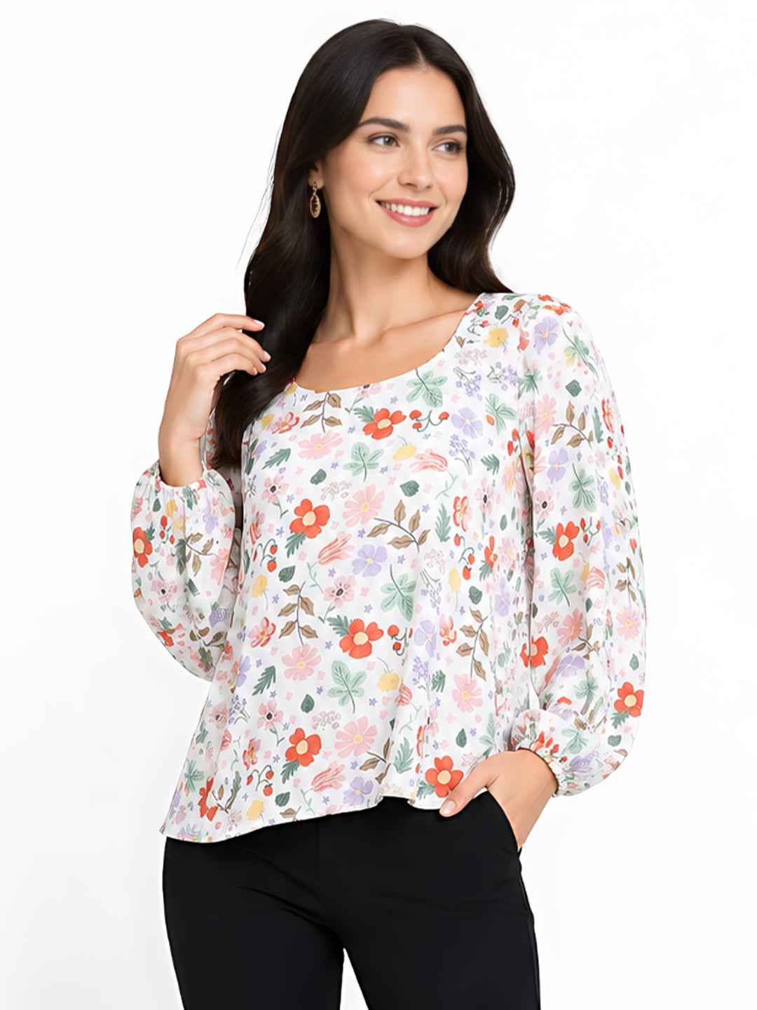 White Printed Puff Sleeve Top