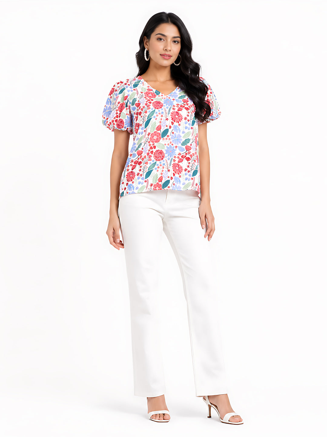 Multi Colored Printed Puff Sleeve Top