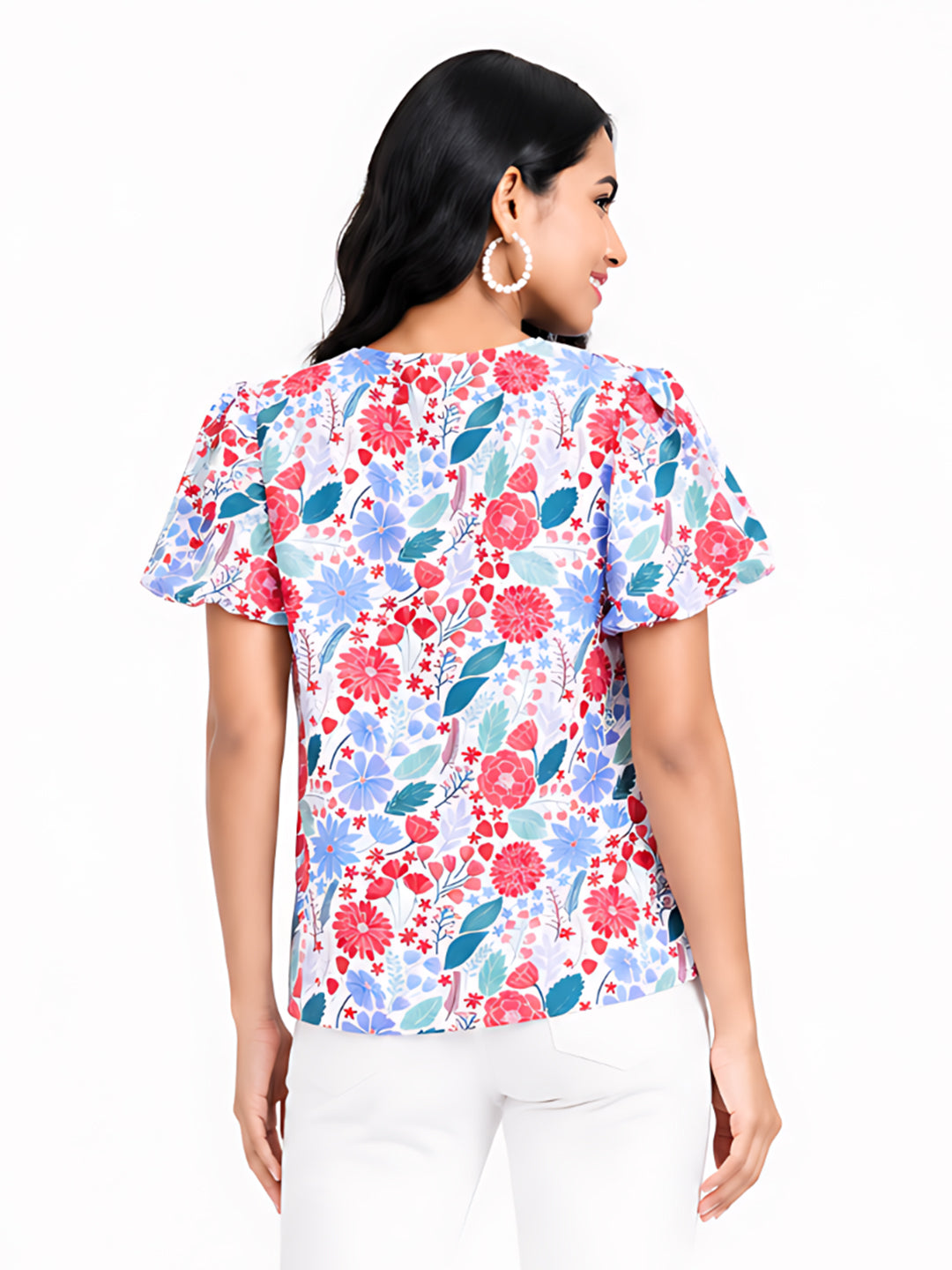 Multi Colored Printed Puff Sleeve Top