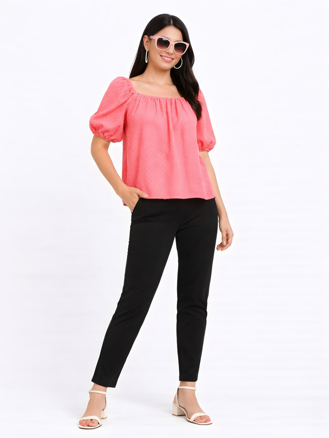 Pink Self Design Tie-Up Top