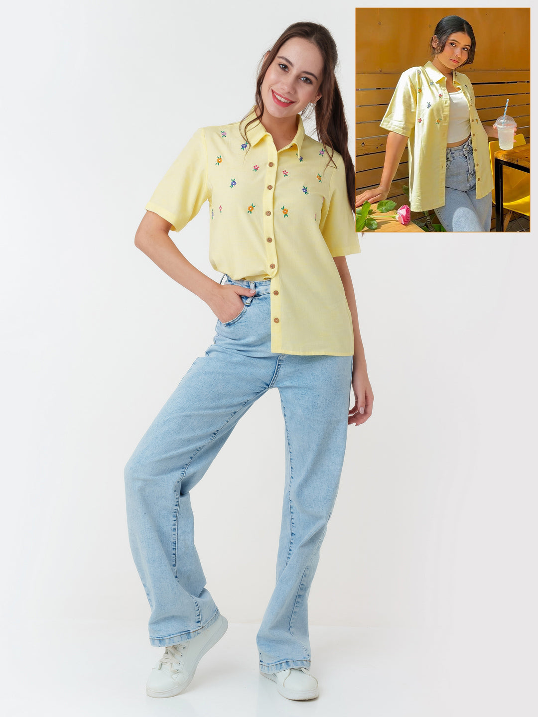 Yellow Embroidered Regular Shirt