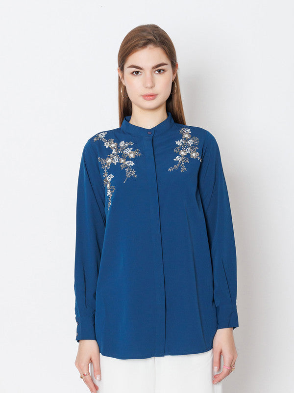 Teal Embroidered Regular Fit Top-2