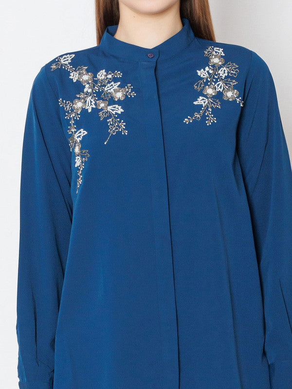 Teal Embroidered Regular Fit Top-6