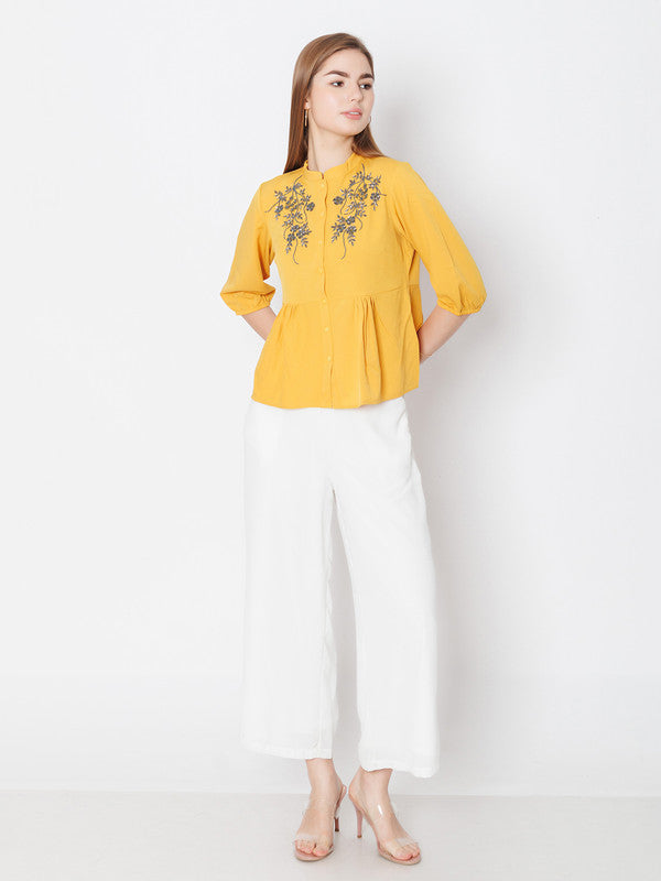 Yellow Embroidered Regular Fit Top-1