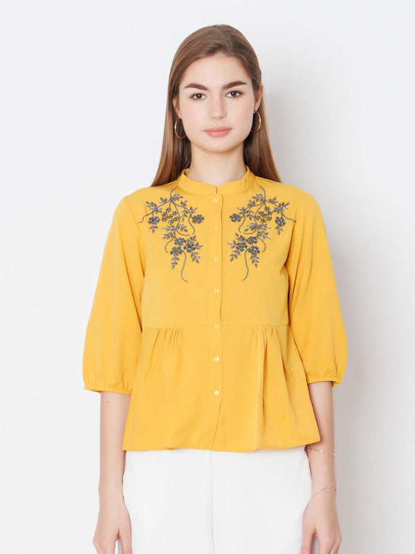 Yellow Embroidered Regular Fit Top-2