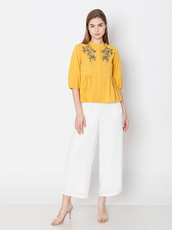 Yellow Embroidered Regular Fit Top-5