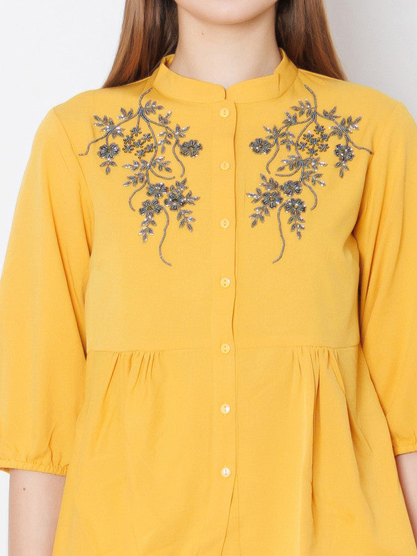 Yellow Embroidered Regular Fit Top-6