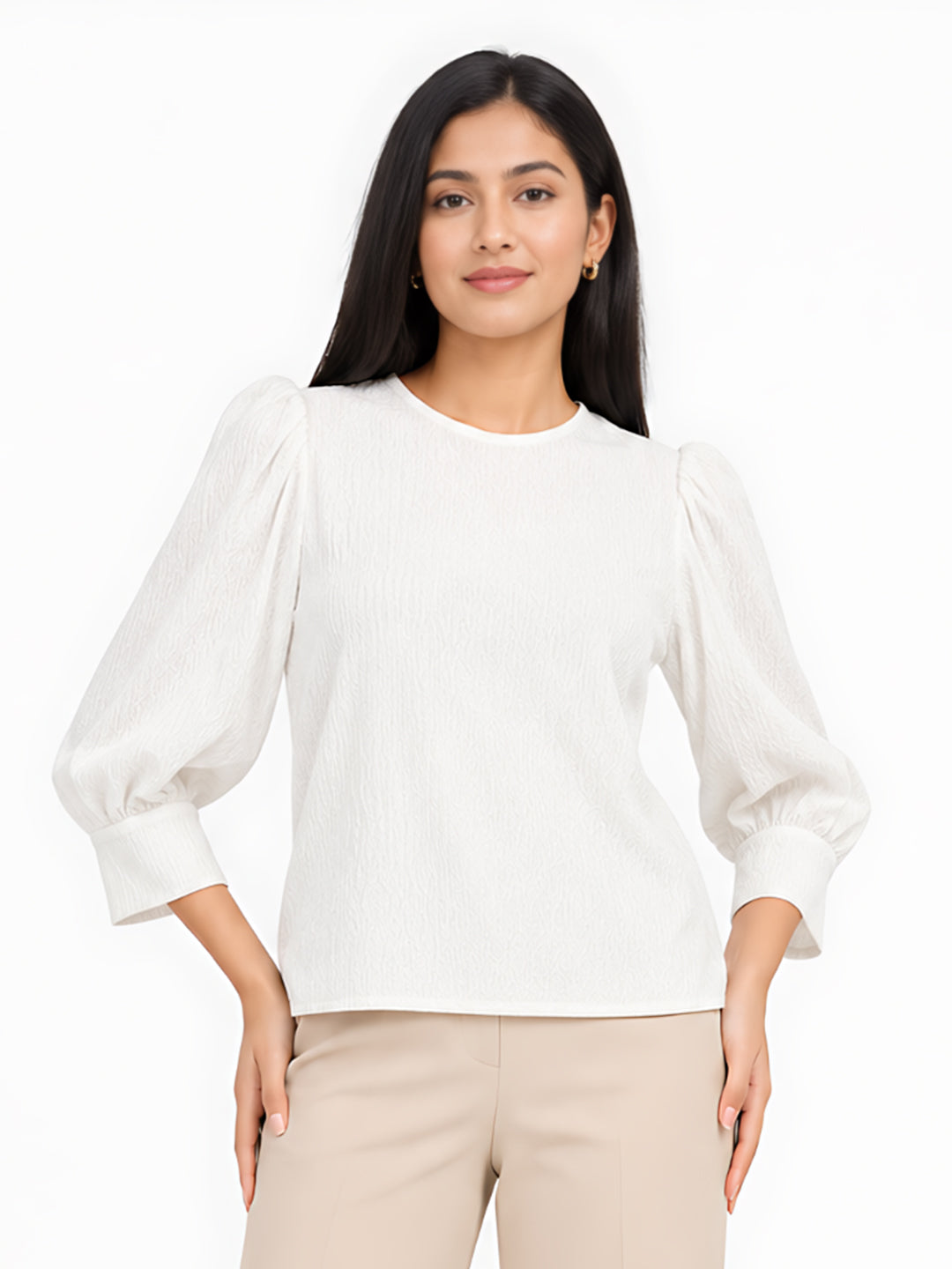 White Self Design Regular Top