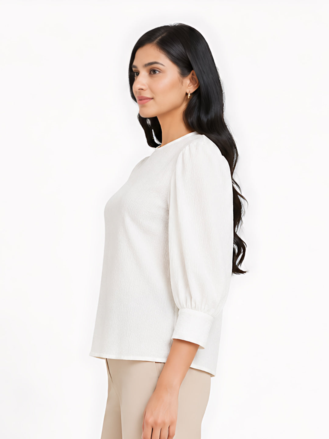 White Self Design Regular Top
