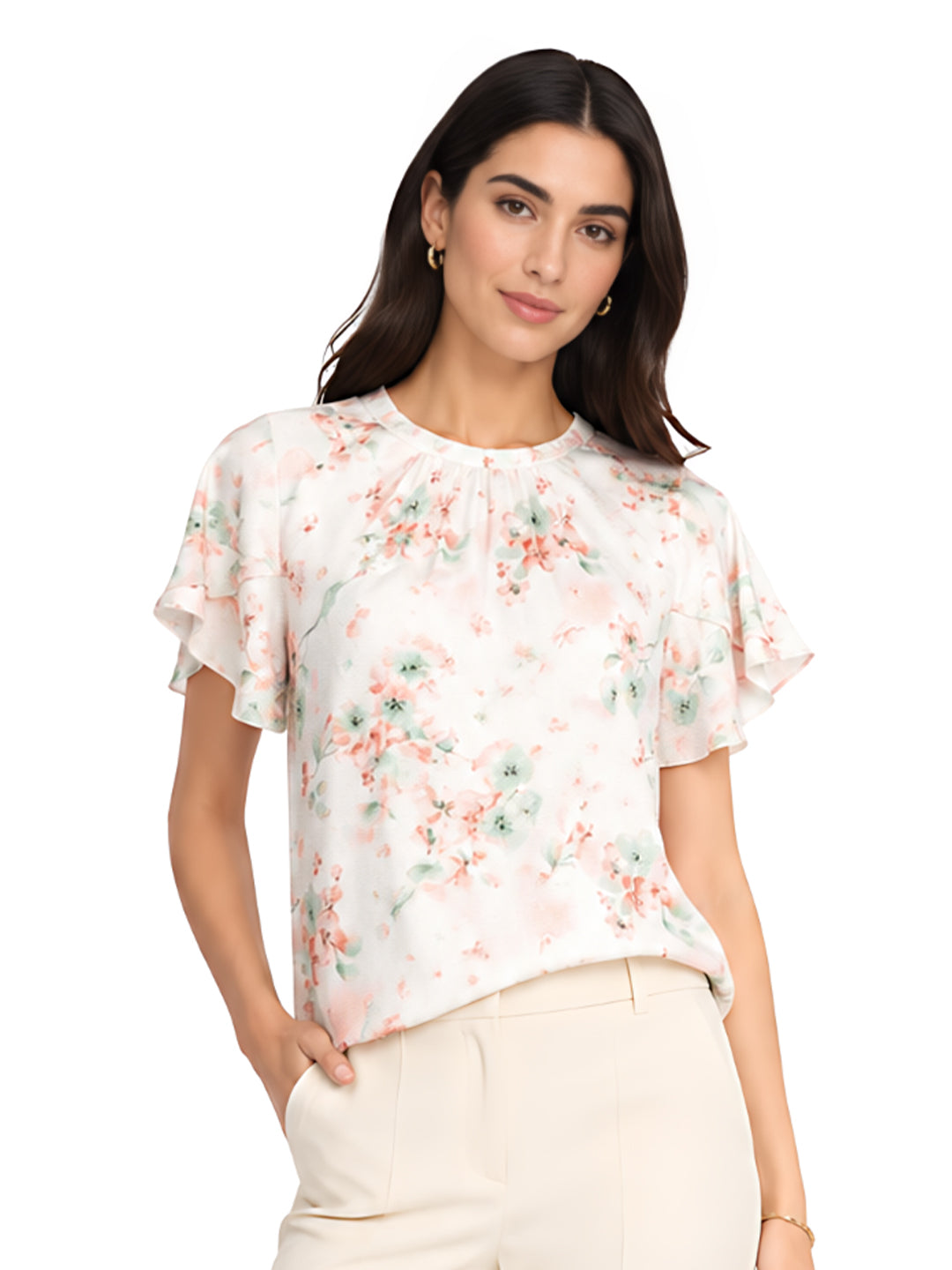 White Floral Printed Regular Top