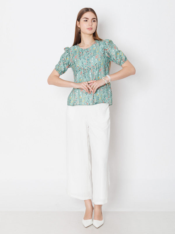 Green Printed Regular Fit Top-1