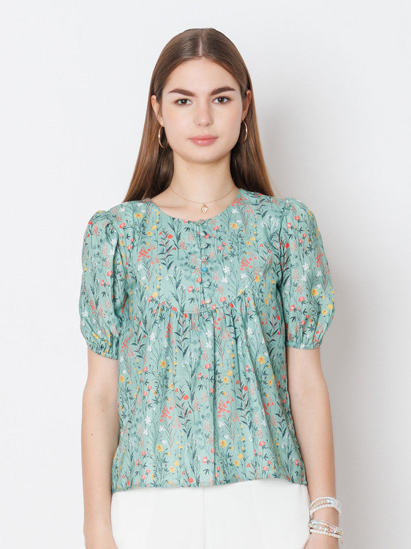 Green Printed Regular Fit Top-2