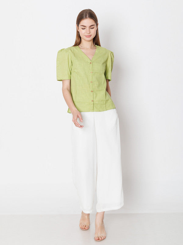 Green Solid Regular Fit Top-5