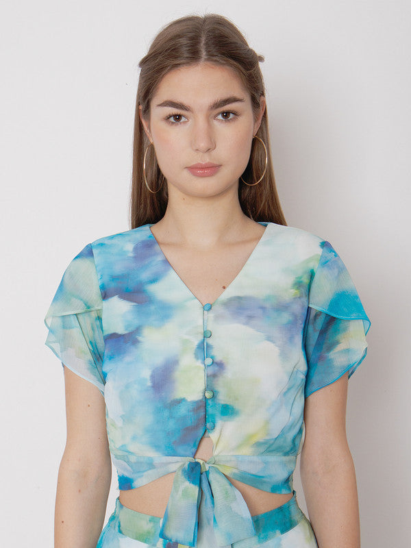 Blue & Green Abstract Printed Fitted Tie Up Top-2