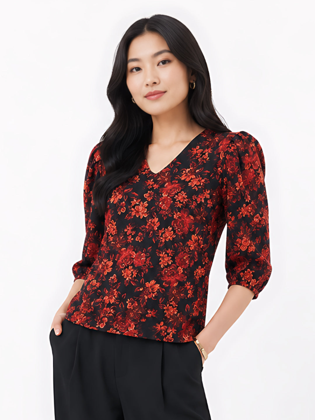Black Floral Printed Basic Top