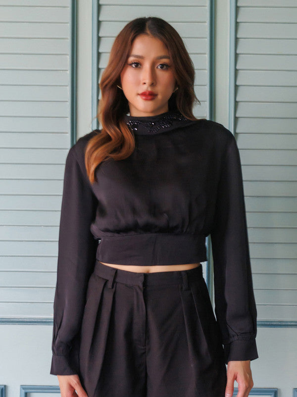 Black Solid High-Neck Crop Top-2