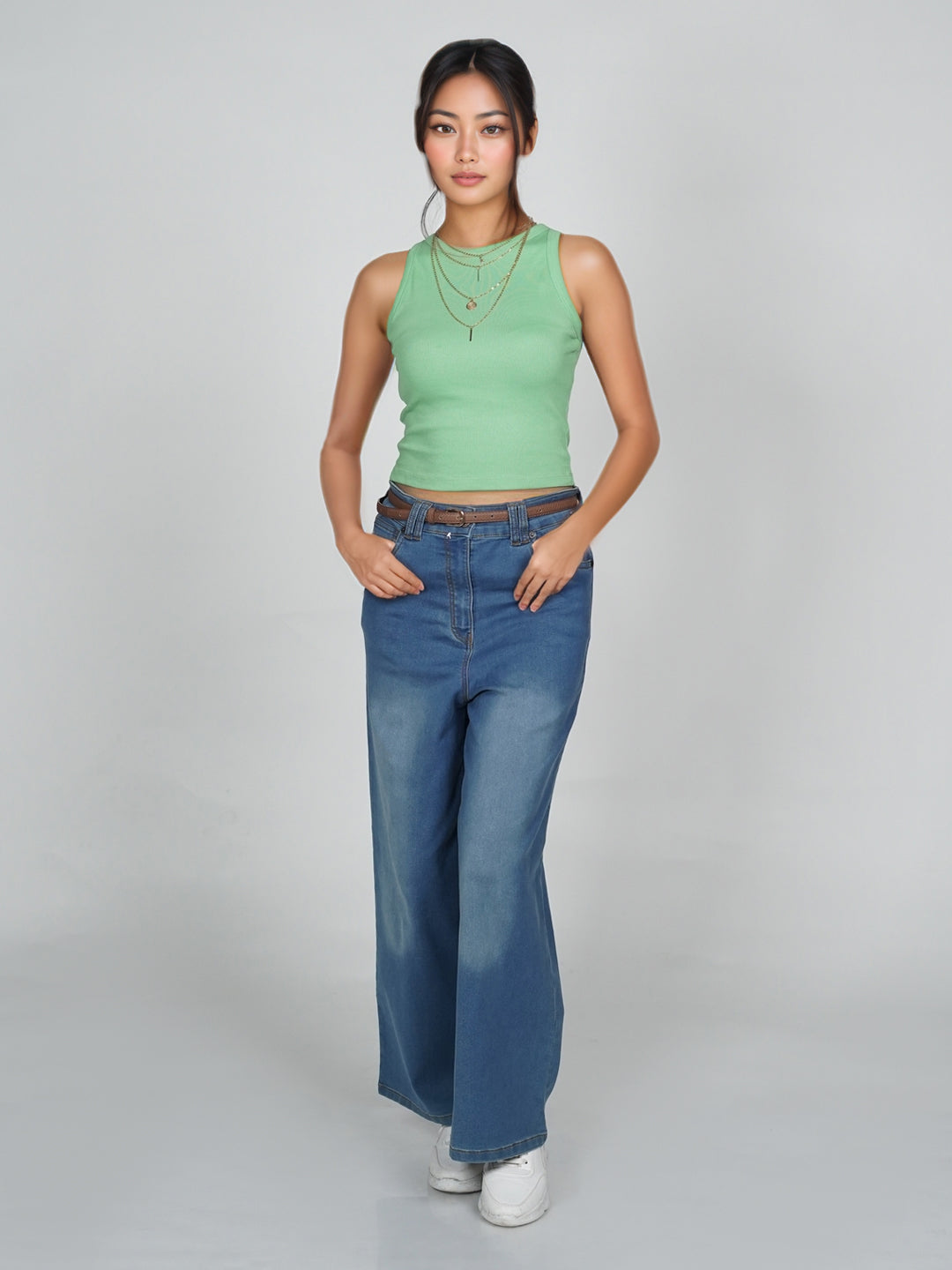 Green Solid Basic Crop Top