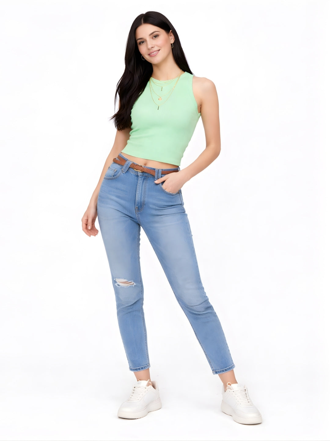 Green Solid Basic Crop Top