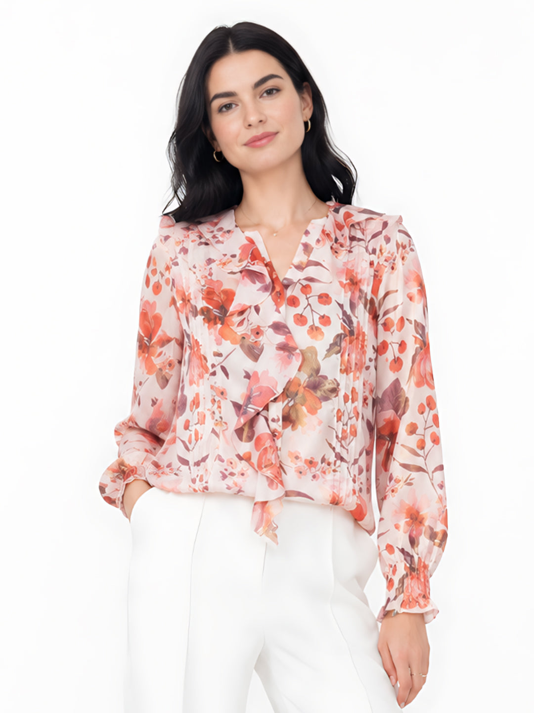Pink Floral Print Shirt Style Top