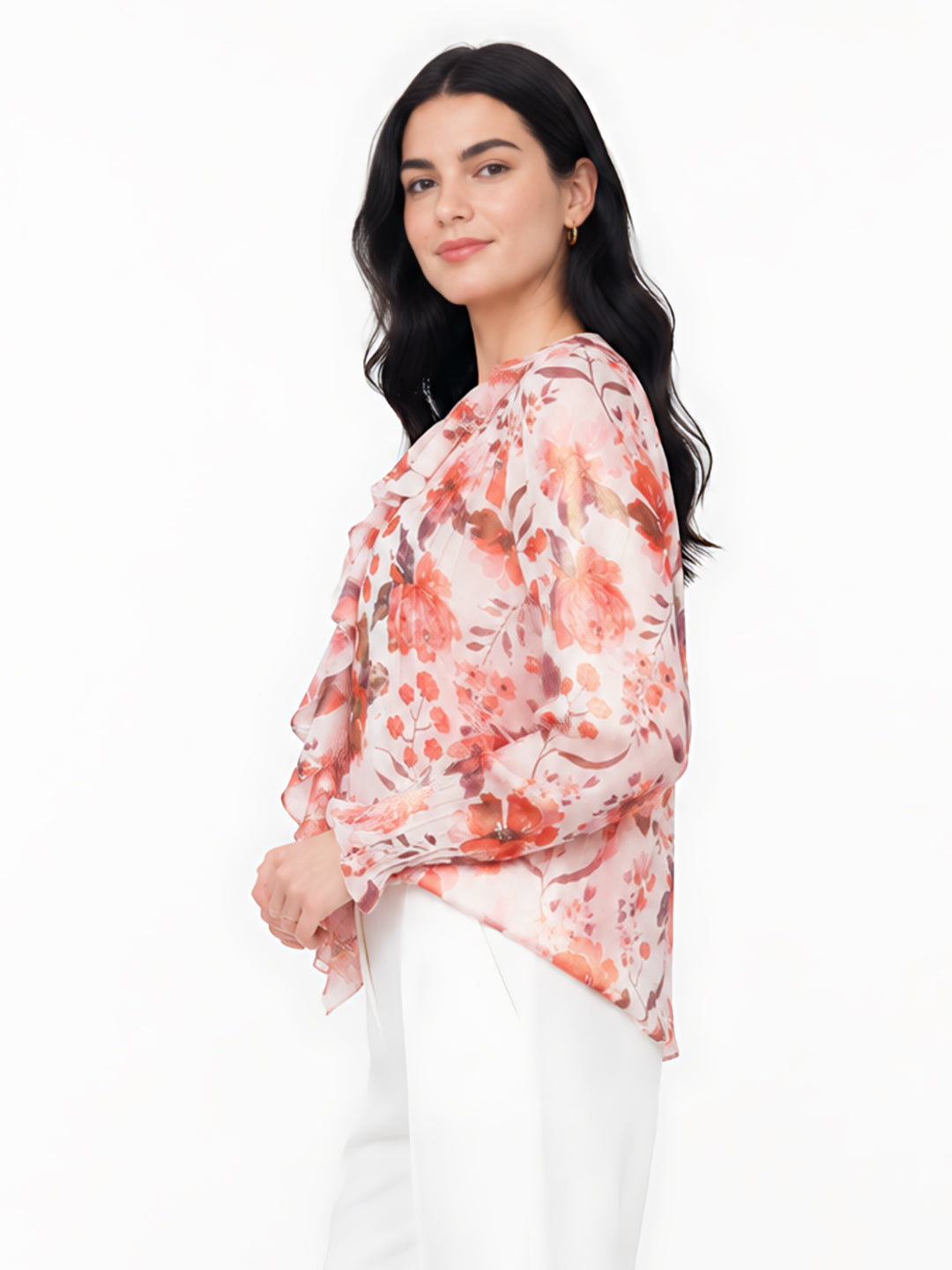 Pink Floral Print Shirt Style Top