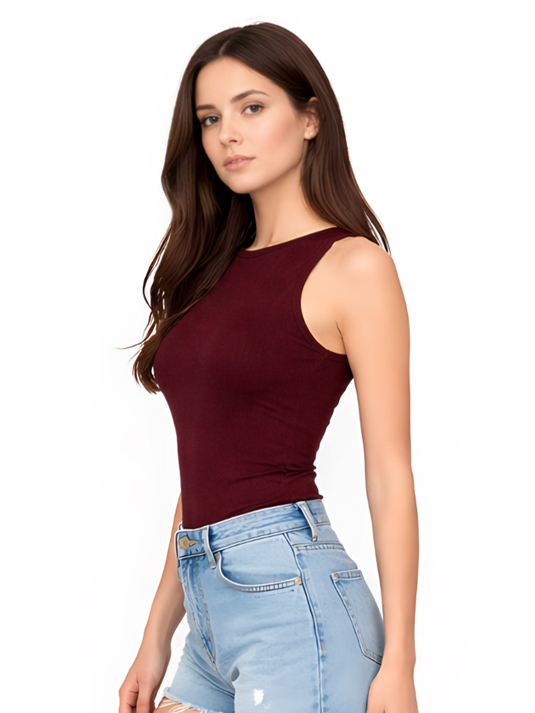 Brown Plain Sleeveless Crop Tops