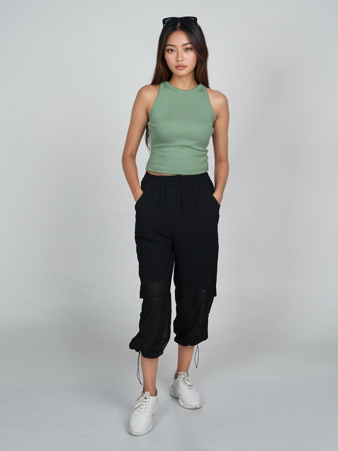 Green Solid Basic Crop Top