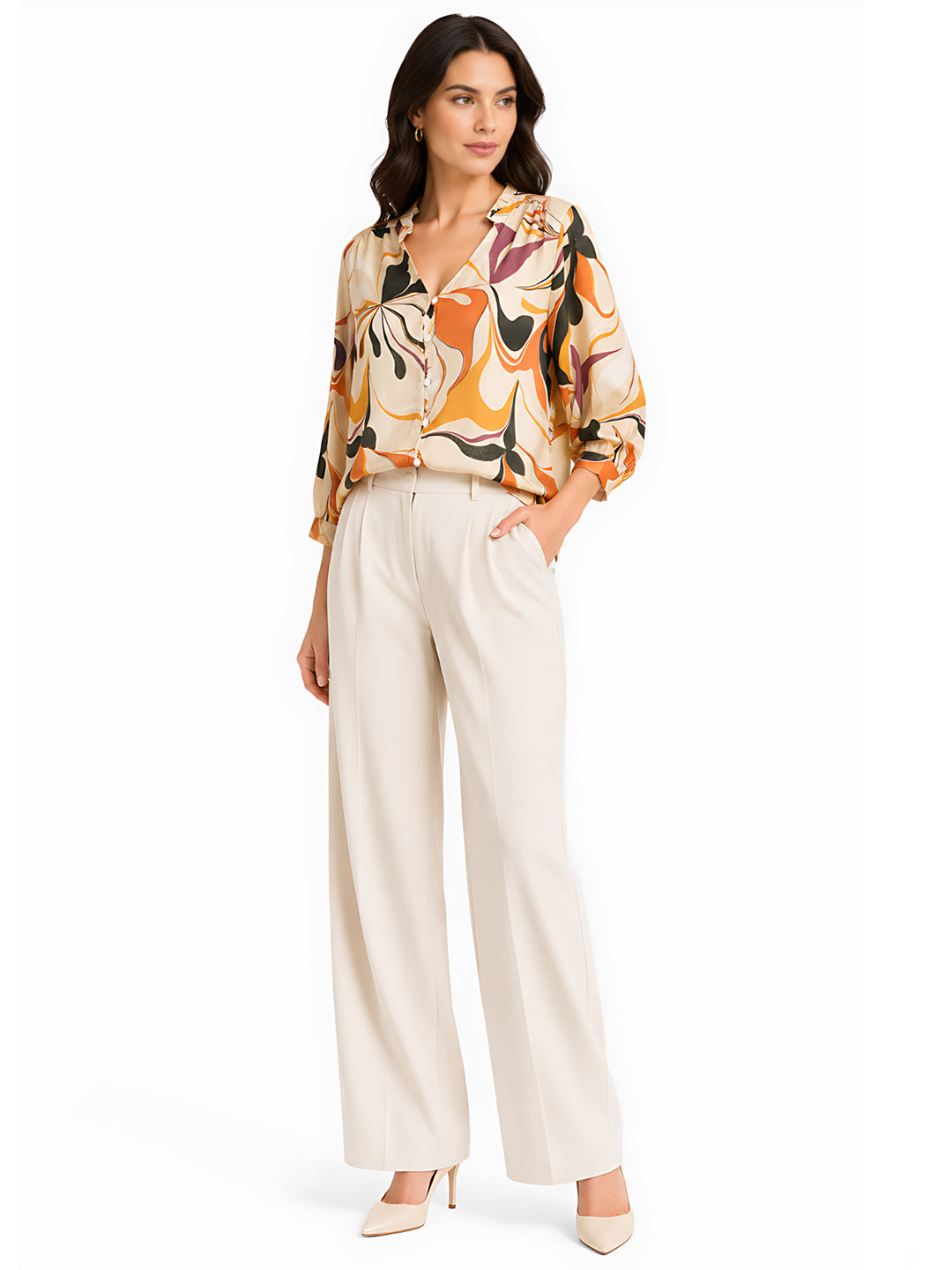 Beige Floral Prints Relaxed Fit Top