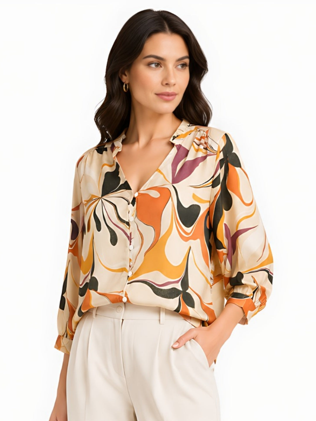 Beige Floral Prints Relaxed Fit Top