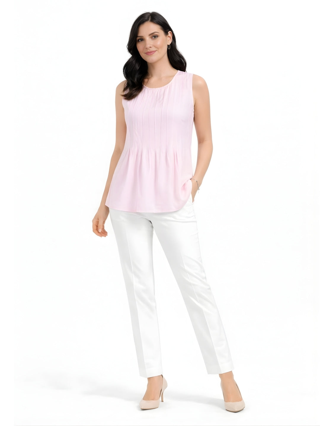 Pink Solid Round Neck Sleeveless Blouses & Tops