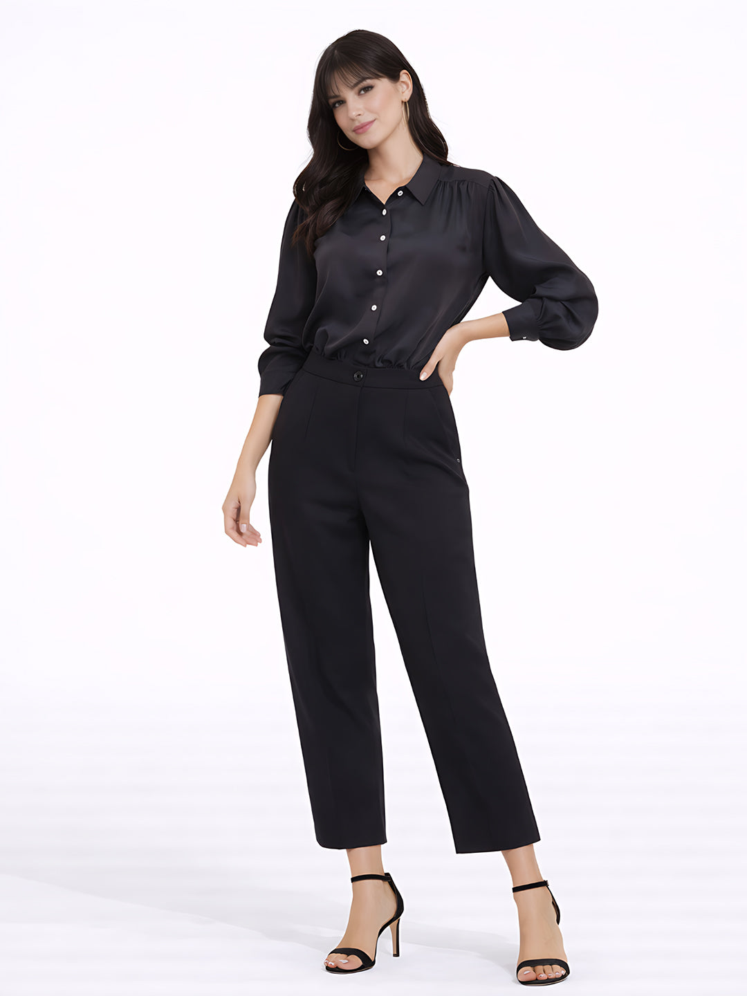 Black Solid Collar Neck Long Sleeves Top